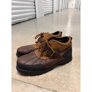 Polo Ralph Lauren Mens Brown Leather Duck Boots Buckle Strap Mid Top Lug Sole